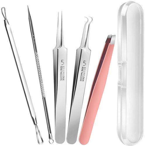 Teenitor Blackhead Remover and Pimple Popper Tool Kit, 2 Blackhead Extractor, 1 Ingrown Hair Tweezers, 2 Pimple Extractor Pore Extractor Blackhead Remover Tool Acne Tools for Face