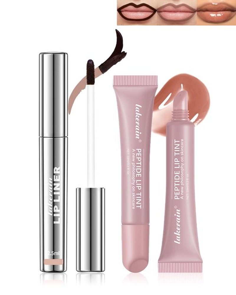 Peel Off Lip Liner Stain & Lip Gloss Set,Long Lasting Waterproof Nude Lip Stain Peel off Tattoo Lip Liner&Tinted Rose Lipstick Combo Non-Stick Cup Transfer Proof Lip Stain Color for Women Makeup,Set B