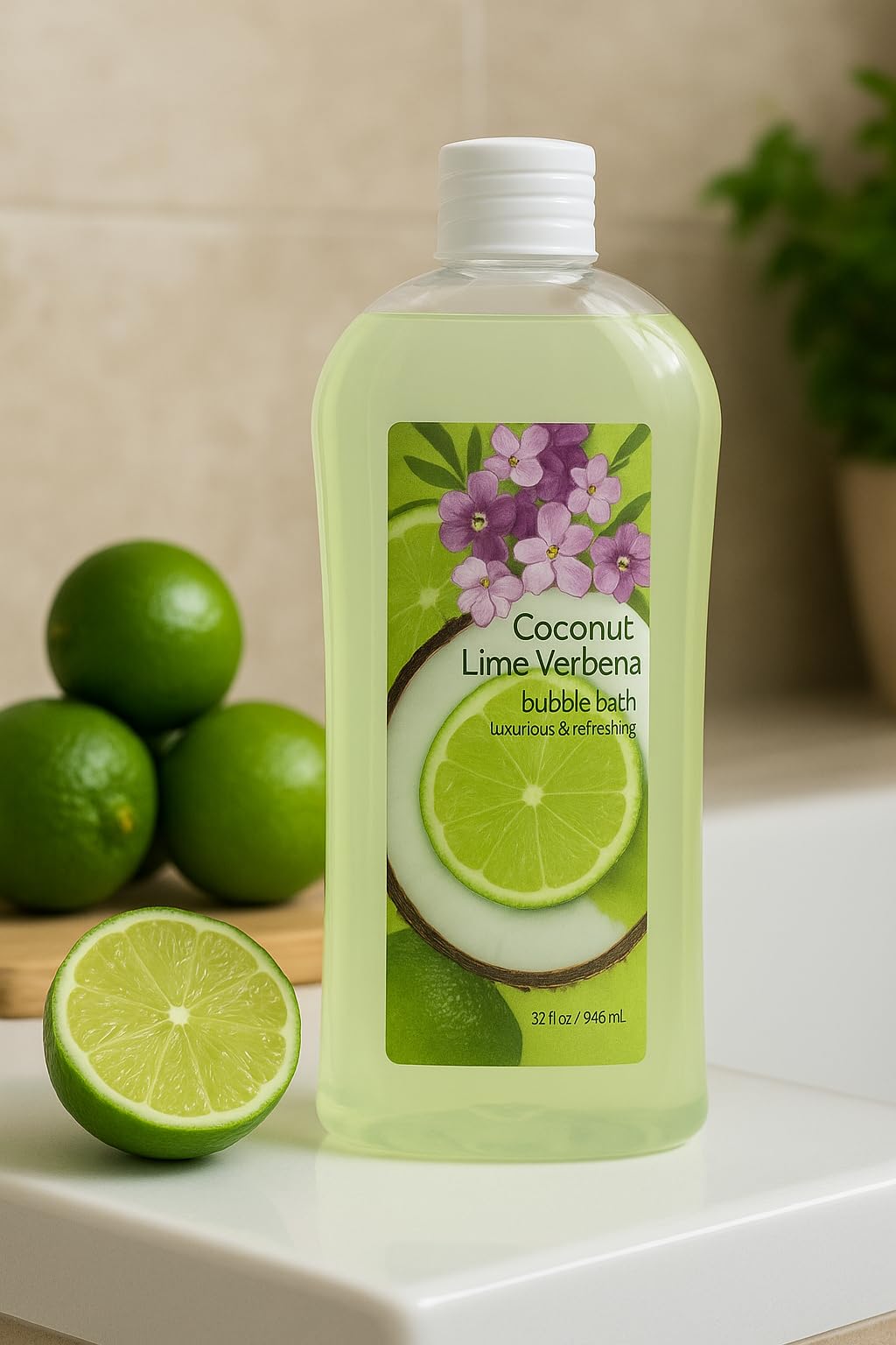 Bubble Bath, 32 Oz Large Bulk Bottle | Luxurious Bubble Bath for Adults | Relaxing & Moisturizing | Refreshing Coconut Lime I Spa Feel I Value Bottle