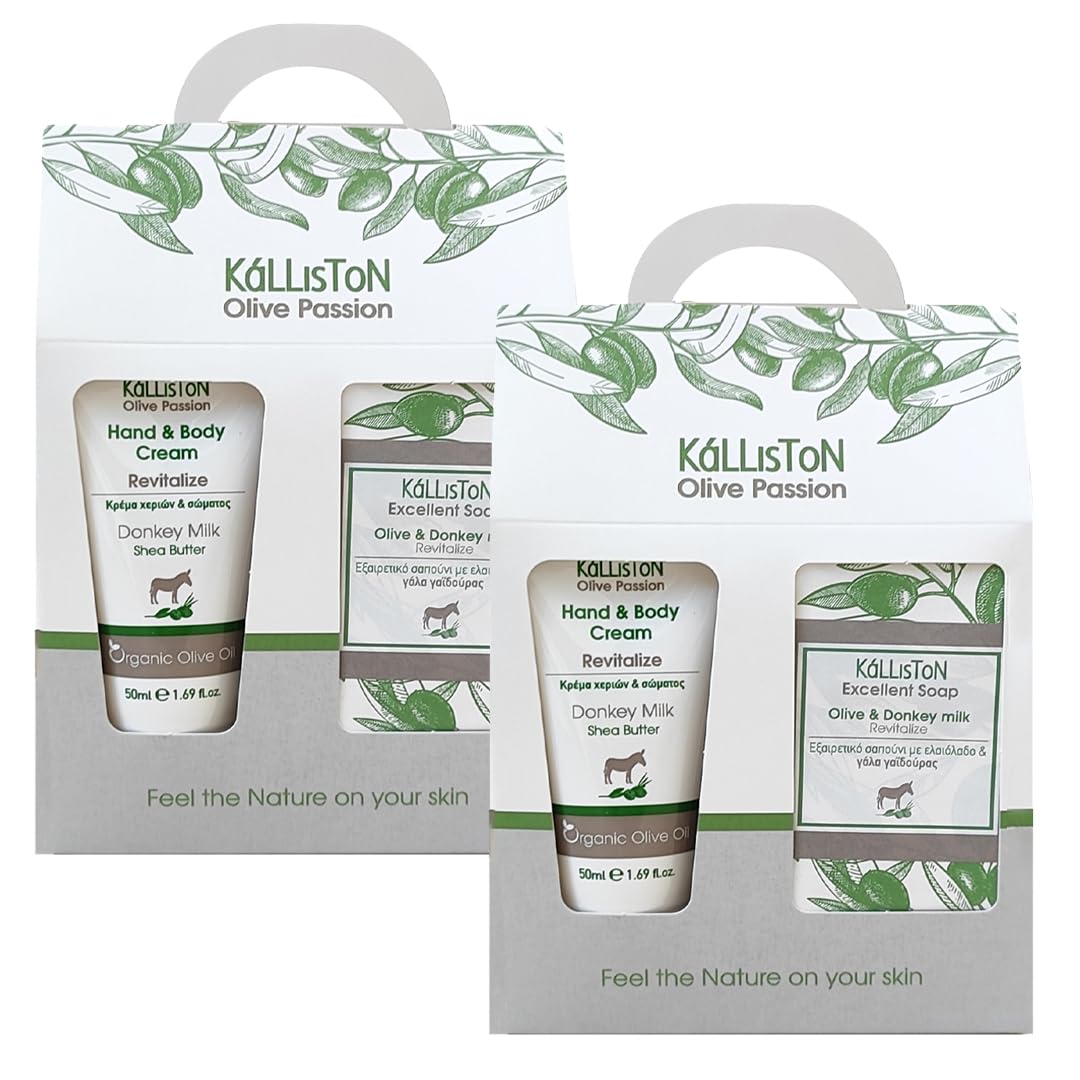 Kalliston Donkey Milk Cream & Olive Oil Soap Gift Set – Nourishing Body Lotion & Gentle Cleanser, Pack of 2, Made in Greece