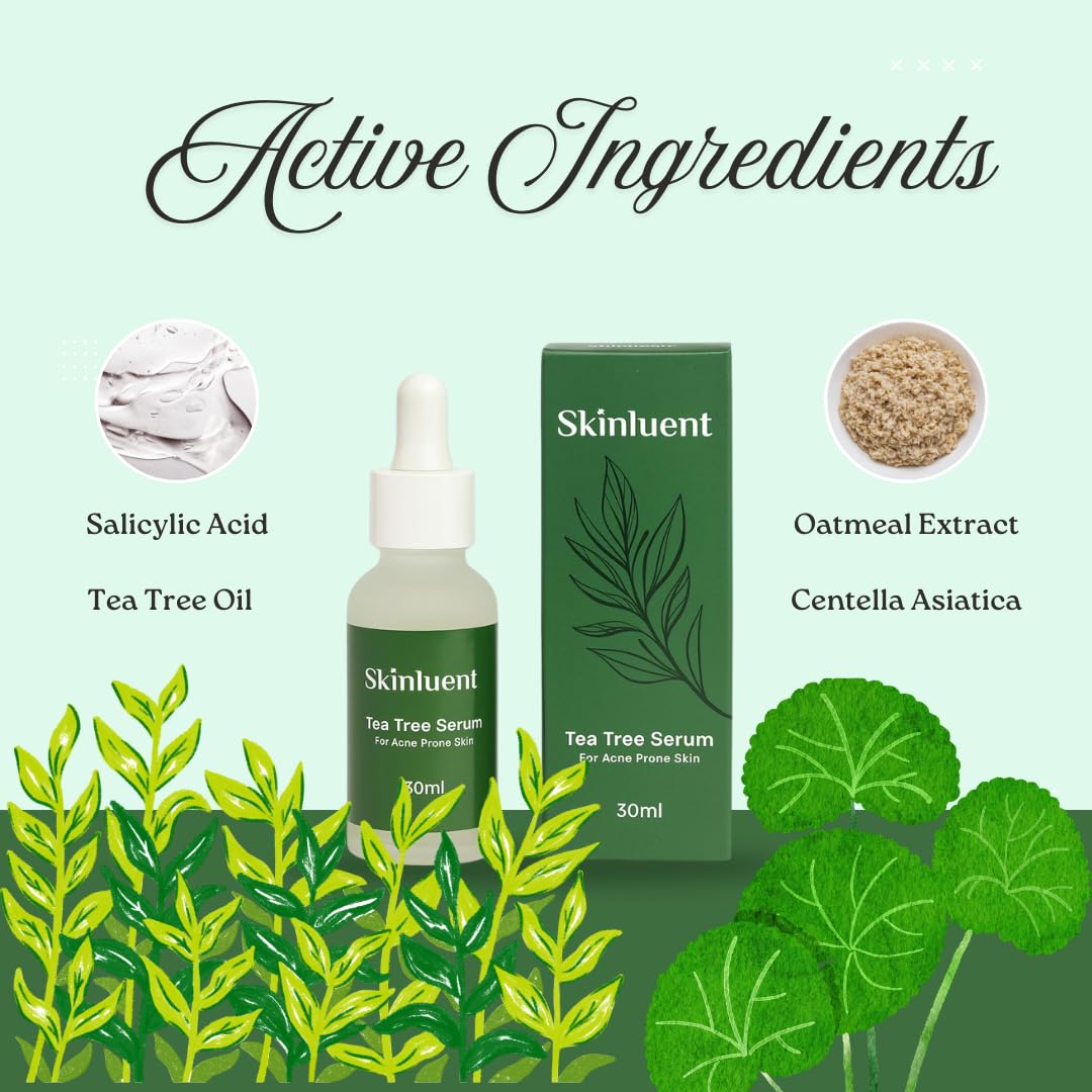 Skinluent Tea Tree Face Serum for Acne Prone Skin with Active Ingredients Tea Tree Oil, Salicylic Acid and Centella Asiatica, 30ml