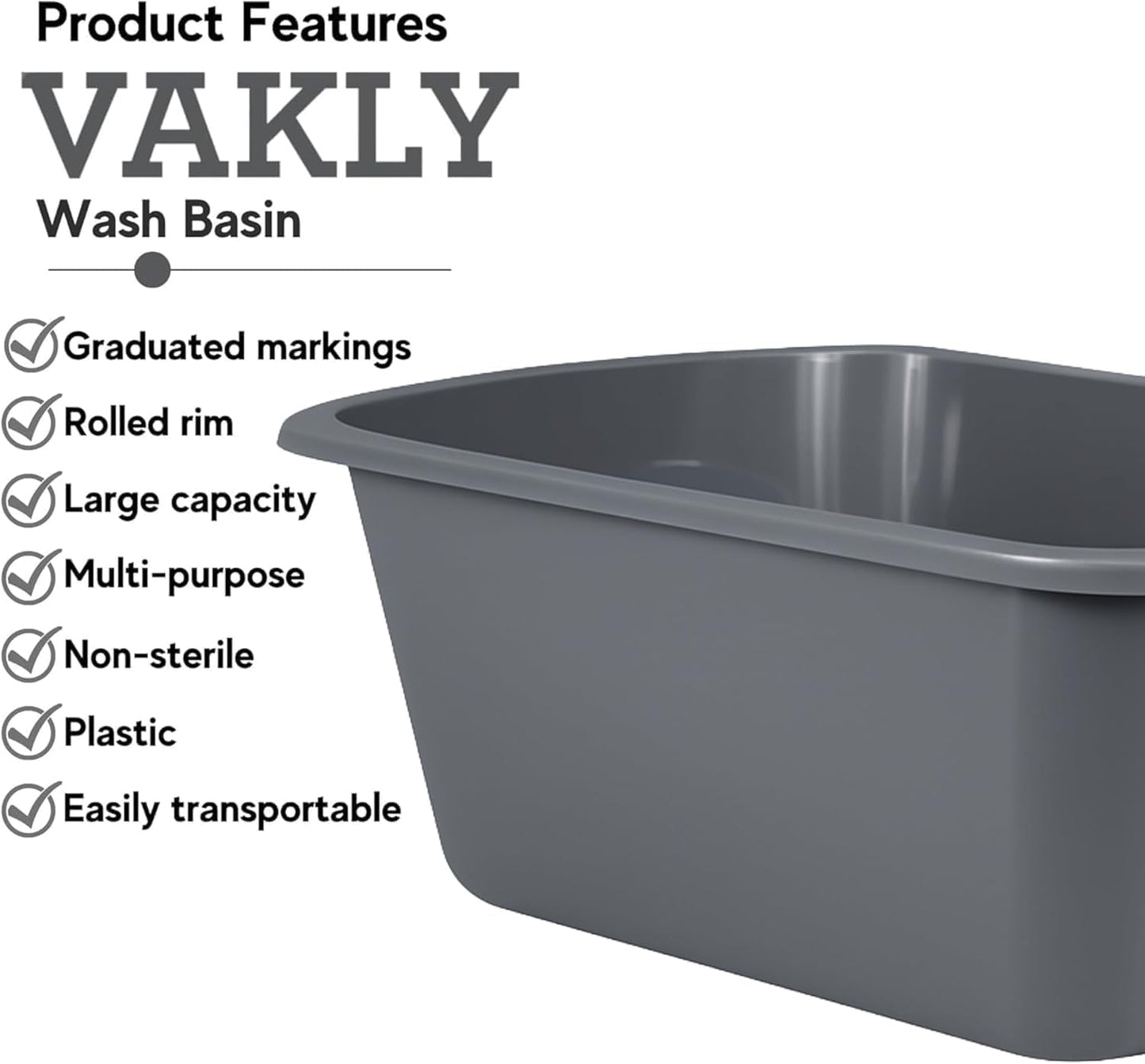 Vakly Plastic Wash Basin, 7 Qt, Rectangular Graduated 1 Pack