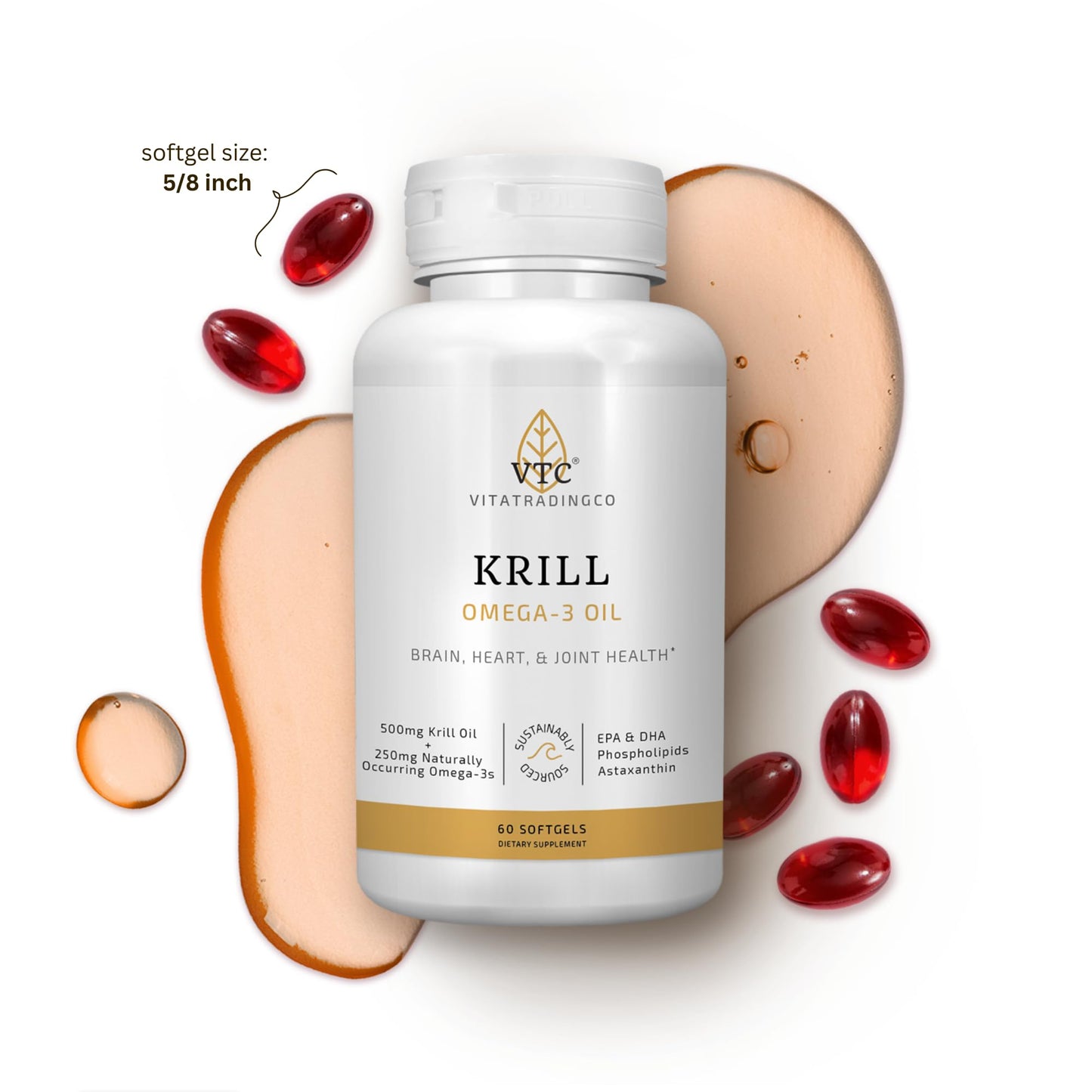 VTC VitaTradingCo. Krill Omega-3 Oil Supplement | 100mg Pure Antarctic Neptune Krill Oil (NKO) | EPA & DHA Astaxanthin | Brain, Heart, Joint & Eye Support | 60 Softgels