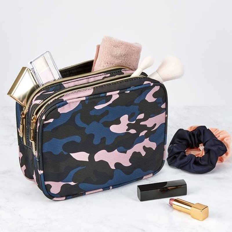 Conair Makeup Bag, Large Double Zip Toiletry and Cosmetic Bag, Perfect Size for Use At Home or Travel, Double Zip Organizer Shape in Blue, Pink and Black Camouflage