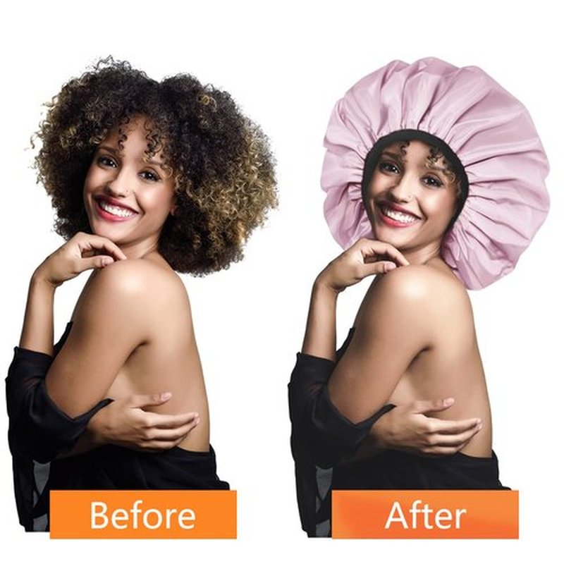 Auban Extra Large Shower Cap, Double-Layer Waterproof Reusable, XL Satin Lining Shower Bonnet for Women Thick, Long Hair, Locs, Braids(Pink)