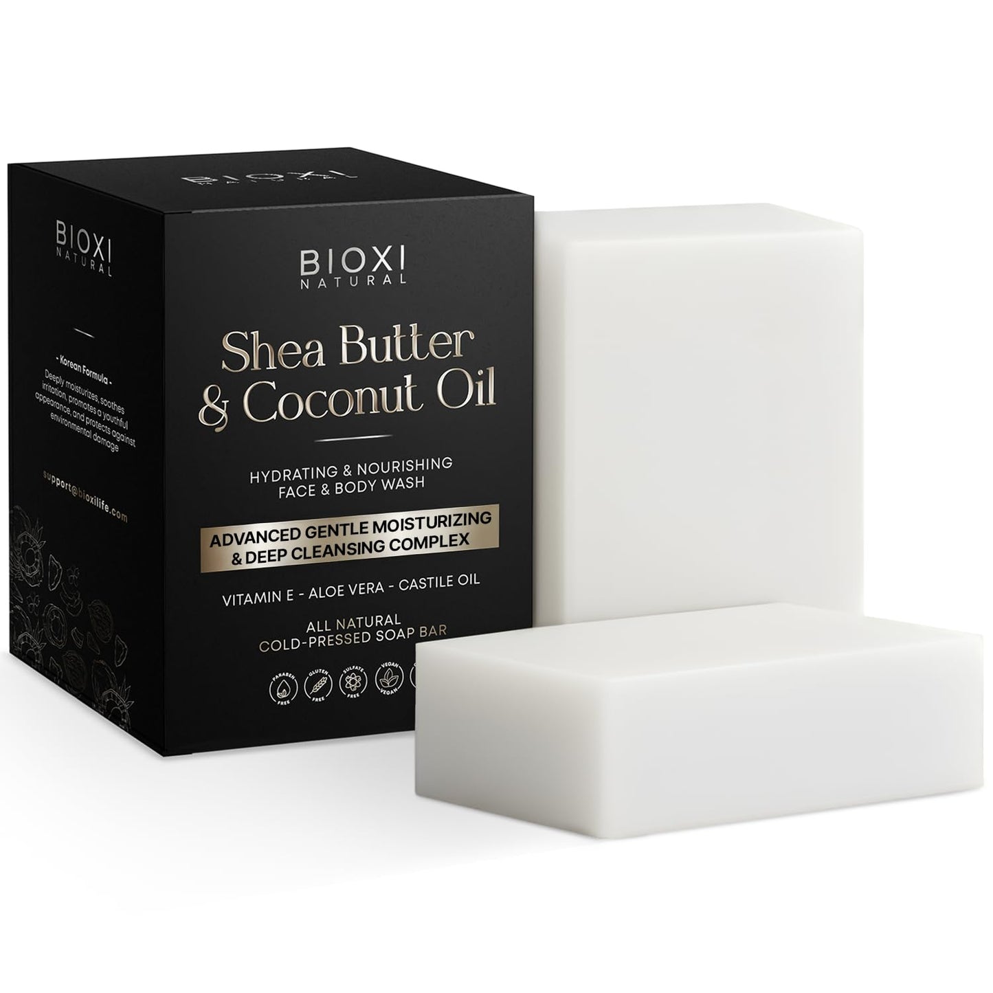 Shea Butter & Coconut Oil Soap Bar - Advanced Gentle Moisturizing & Deep Cleansing Face & Body Wash - Hydrating Natural Korean Cold-Pressed Formula with Vitamin E, Aloe Vera & Castile Oil - 2 Pack