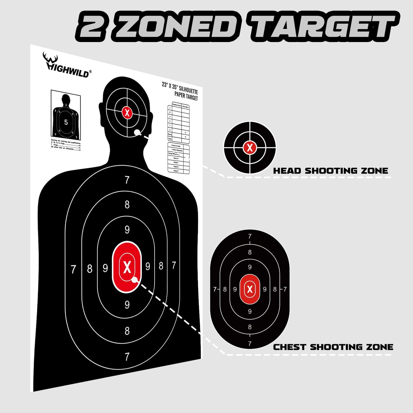 Highwild Shooting Range Silhouette Paper Target - 23X35 Inches - Suitable for Handguns, Rifles, Airguns, BB Guns (100 Pack, White & Black)