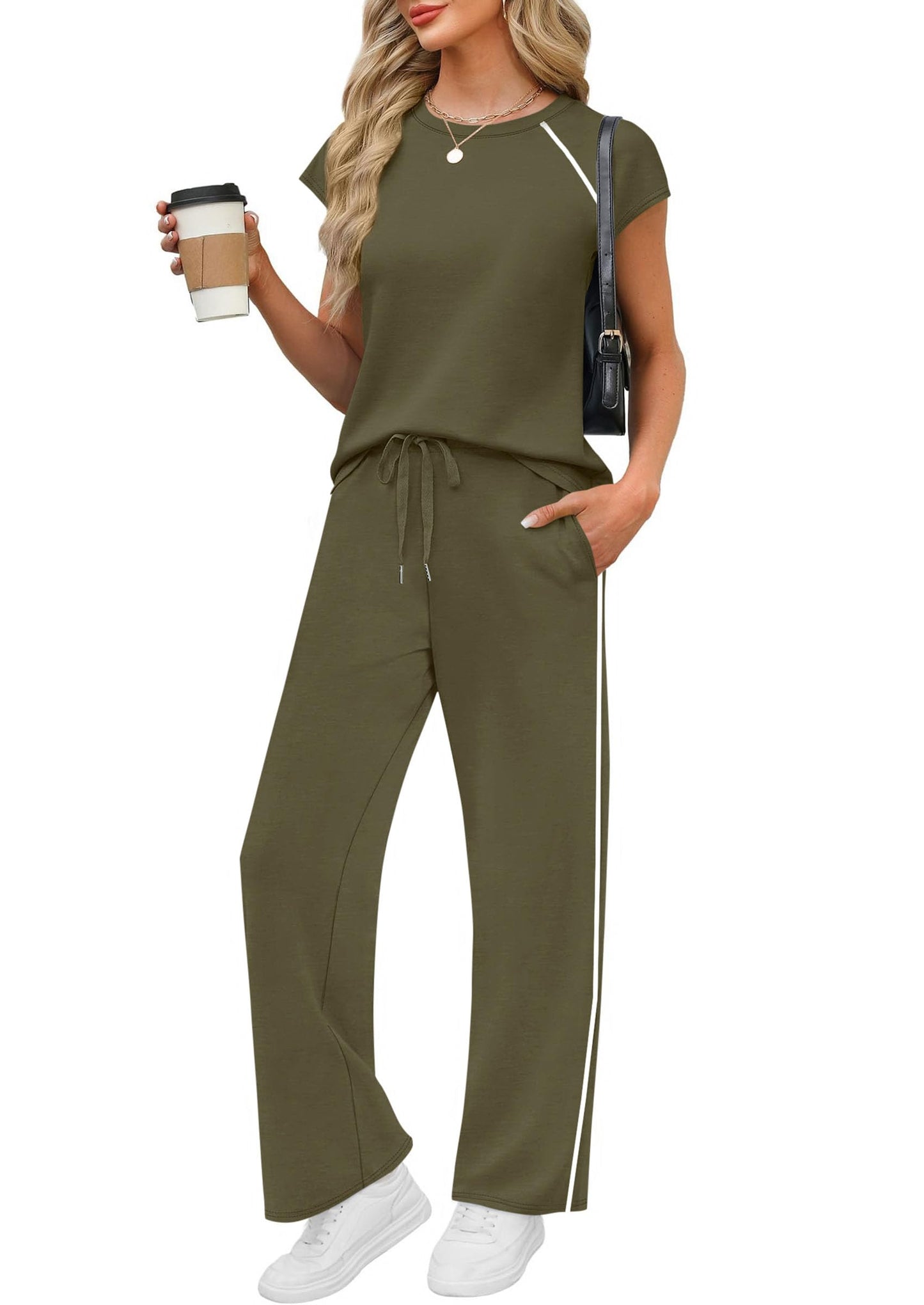PRETTYGARDEN Two Piece Sets for Women 2026 Summer Vacation Outfits Cap Sleeve Tops Lounge Pants Matching Set Fashion Clothing