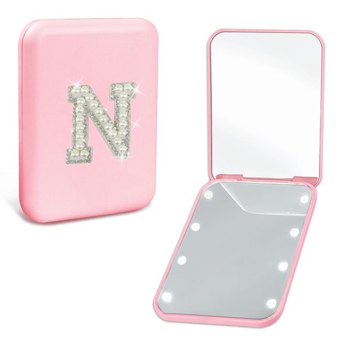 Aganmi Small Travel Makeup Mirror with Lights Pearl Initial 1X/2X Magnification LED Pocket Mirror Cute Pink Folding Compact Mirror Preppy Mom Sister Birthday Gifts Teen Girl Trendy Stuff (N)