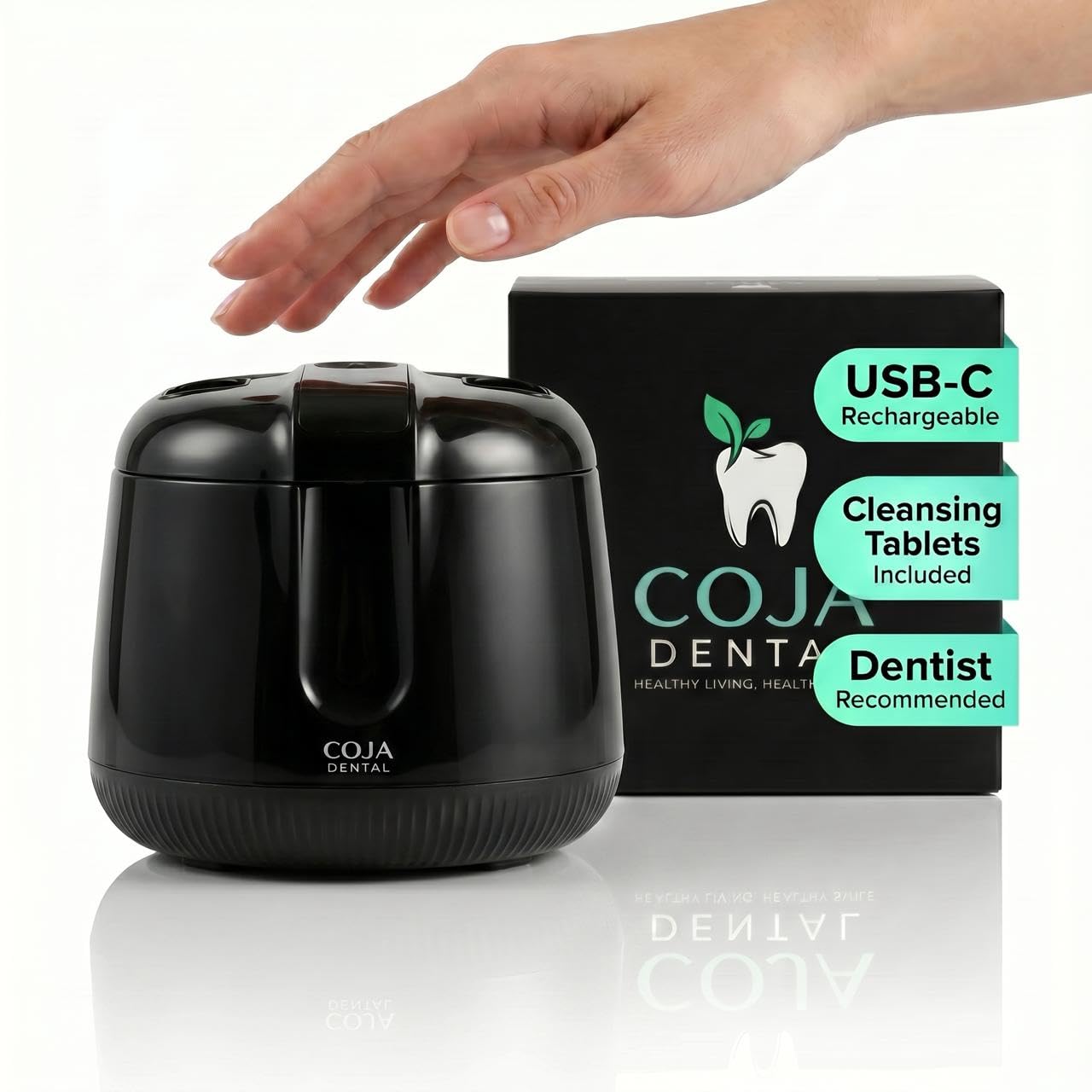 COJA Dental Cleansing Pod PRO + UV | Rechargeable Ultrasonic Retainer Cleaner Machine | 48kHz Ultrasonic Dental Pod for Mouthguard, Dentures & Aligners | 3 Cleaning Modes | Tablets Included