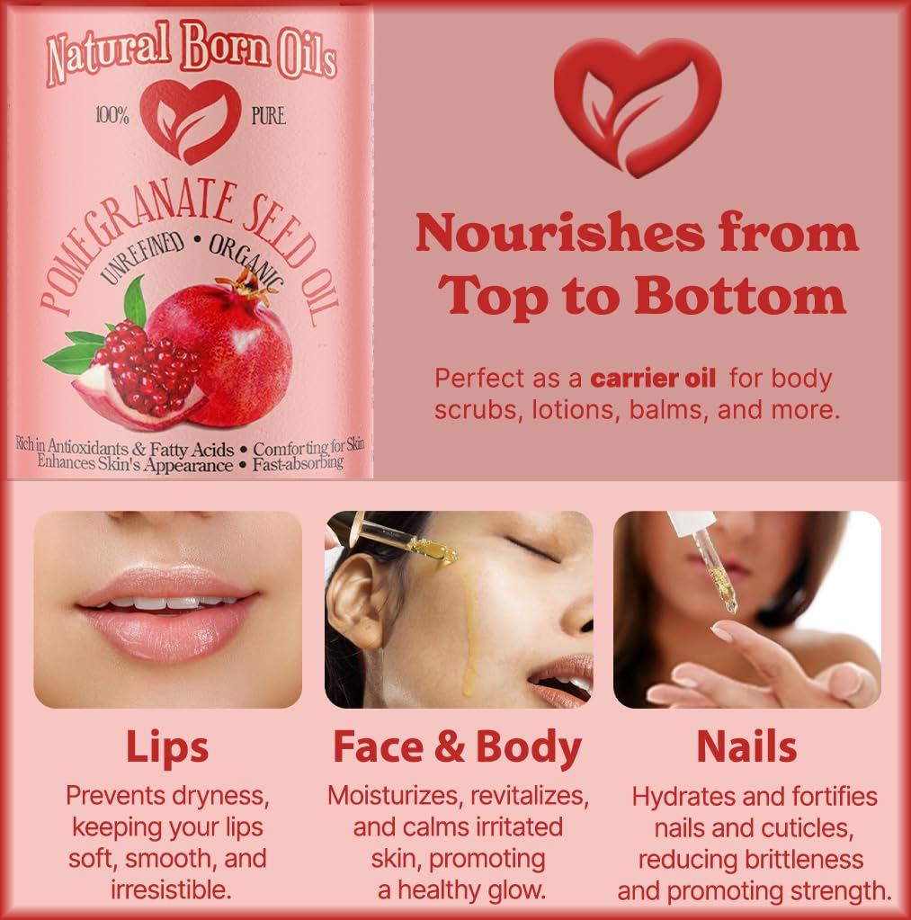 8oz Pomegranate Seed Oil, 100% Pure and Natural, Organic and Rich in Antioxidants for Supple, Soft Skin and Hair - Includes Pump & Flip Cap