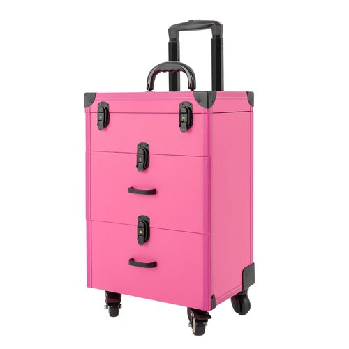QUEWATSA Rolling Makeup Case with Drawers&4 Wheel, Cosmetic Case Trolley, Make Up Suitcase Cosmetic Trolley, Portable Multifunction Makeup Suitcase, Jewelry Travel Cosmetic Train Case (Rose Red)