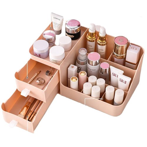 POFUOT skin care organizer,Makeup Desk Organizer With Drawers,Countertop Organizer for Cosmetics,Vanity brush with Holder for Lipstick, Brushes, Eyeshadow, and Desktop (polar pink)
