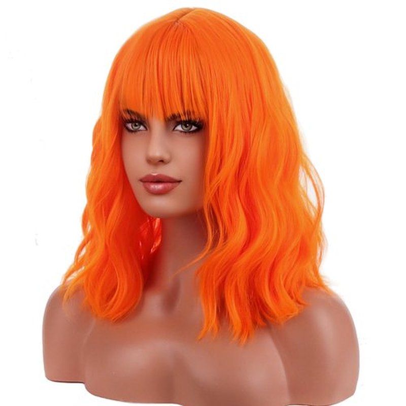 BERON 14 Inches Orange Wig with Bangs Short Bob Curly Wigs Ginger Orange Wigs for Women Girls