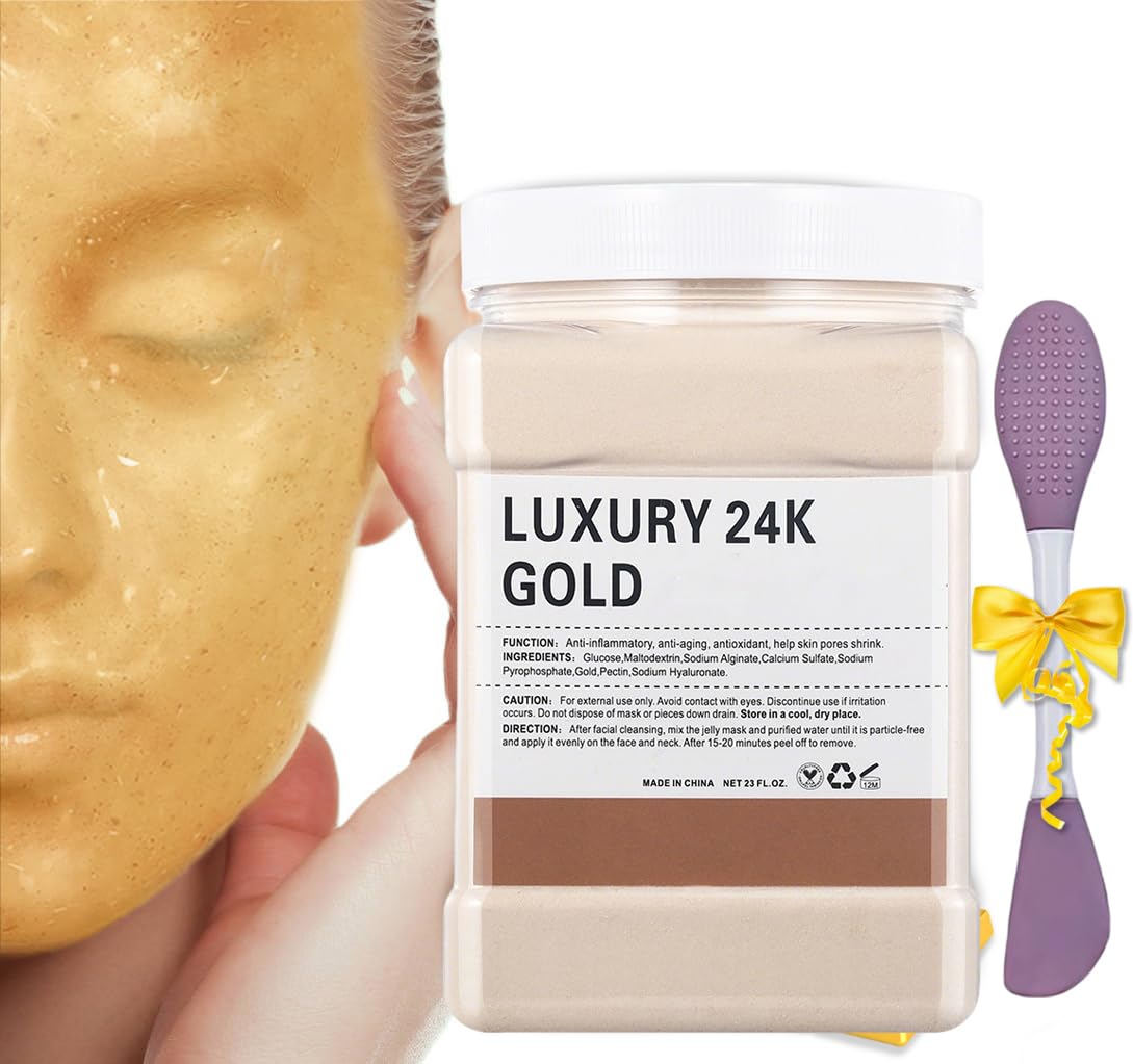 Ouhans Jelly Mask Powder for Facials,24k Gold Jelly Masks for Facials Professional,Peel off Rubber Mask,Anti Aging,Moisturizing,Hydrating,Jelly Face Mask,with Double-ended Silicone Brush,23 Fl Oz