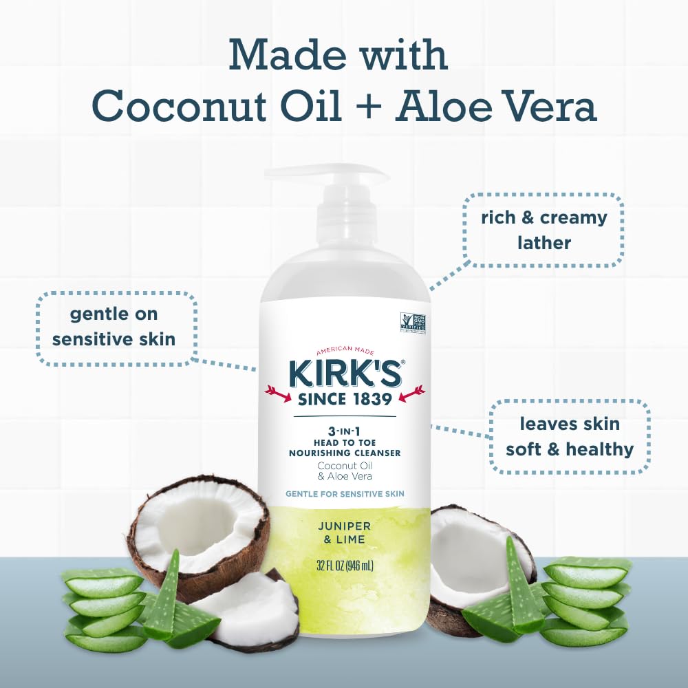 Kirk's Juniper & Lime 3-in-1 Nourishing Cleanser and Travel Bar Soap, Shampoo Body Wash Bubble Bath, Coconut Oil and Aloe Vera, Vegan Non-GMO, 32 Fl Oz