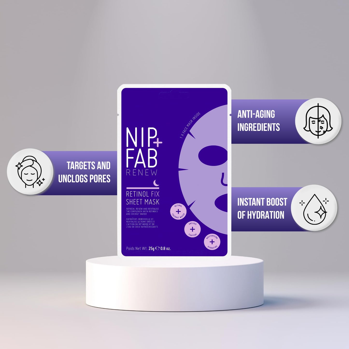 Nip + Fab Retinol Fix Sheet Mask for Face with Coconut Water, Edelweiss Flower Extract, Hydrating Gel Facial Mask for Refining Minimizing Pores, 0.8 Fl Oz,Multi,SKRETSMSK