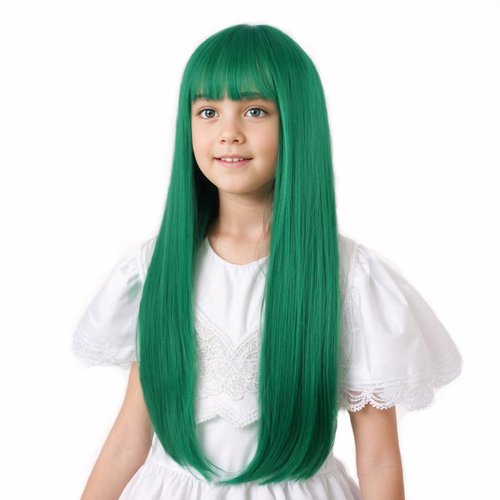 Ufindcos Green Wig for Kids Long Dark Green Wig Long Straight Child Wig Green Wig with Bangs for Girls 22 inches Synthetic Wig with Wig Cap