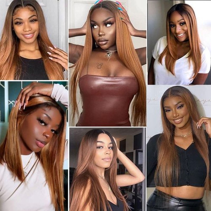 SOKU Ombre Brown Lace Front Wigs With Baby Hair Synthetic Straight Bob Wigs 16 Inch Medium Length Straight Heat Resistant Wigs For Daily Party Use
