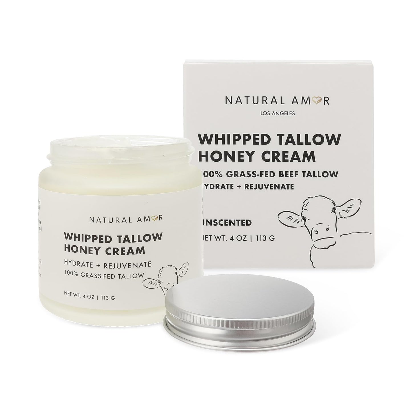 Natural Amor Whipped Grass Fed Tallow Honey Cream – 4oz Natural Moisturizer with Shea Butter, Manuka Honey & Jojoba – Lightweight Body Cream for Dry, Sensitive Skin – Nourishing & Non-Greasy