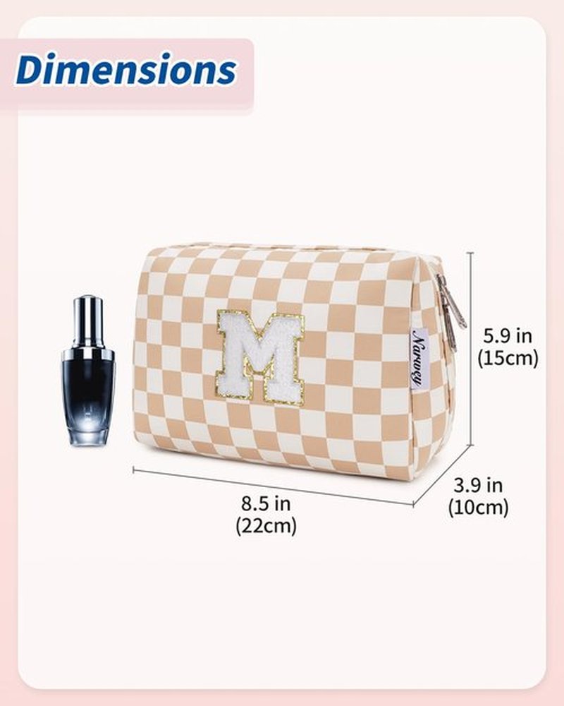 Narwey Personalized Initial Makeup Bag Toiletry Bag Gifts for Women Girls Large Checkered Makeup Bag Zipper Pouch Travel Cosmetic Bag Organizer for Women (Light Checkerboard Letter M)
