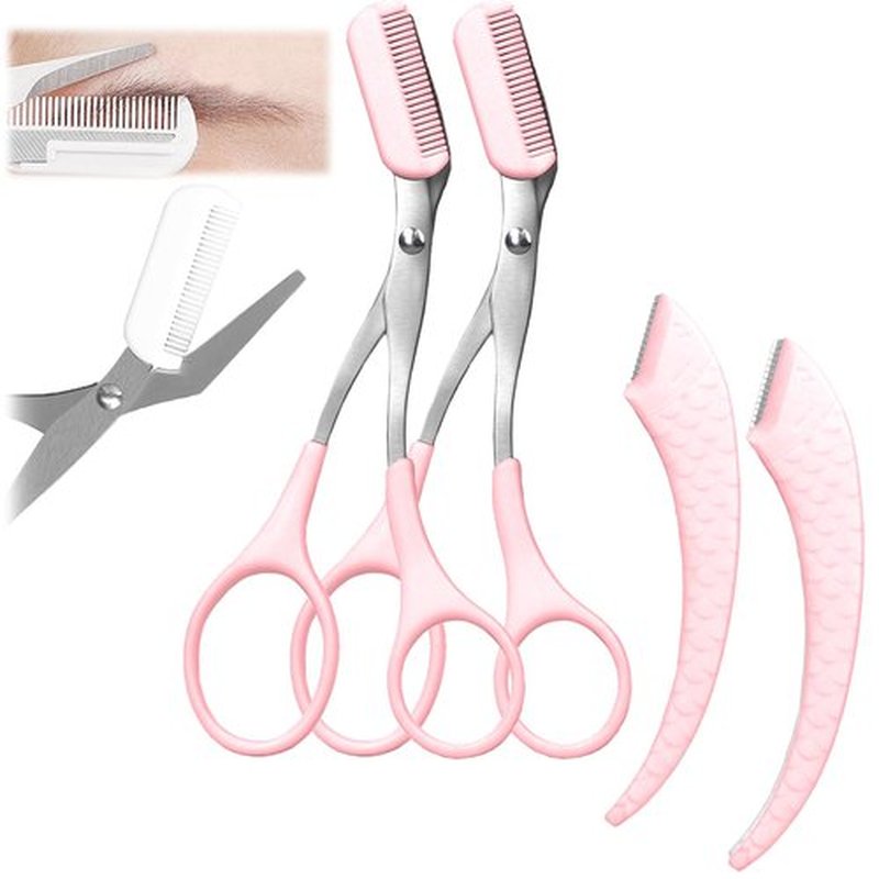 Eyebrow Trimmer Scissor, 2024 Upgraded Stainless Steel Eyebrow Scissors for Women（ or Men ） with Comb，Non-Slip Eyebrow Cutter Hair Removal，Portable Eyebrow Scissors (Pink 2pc)