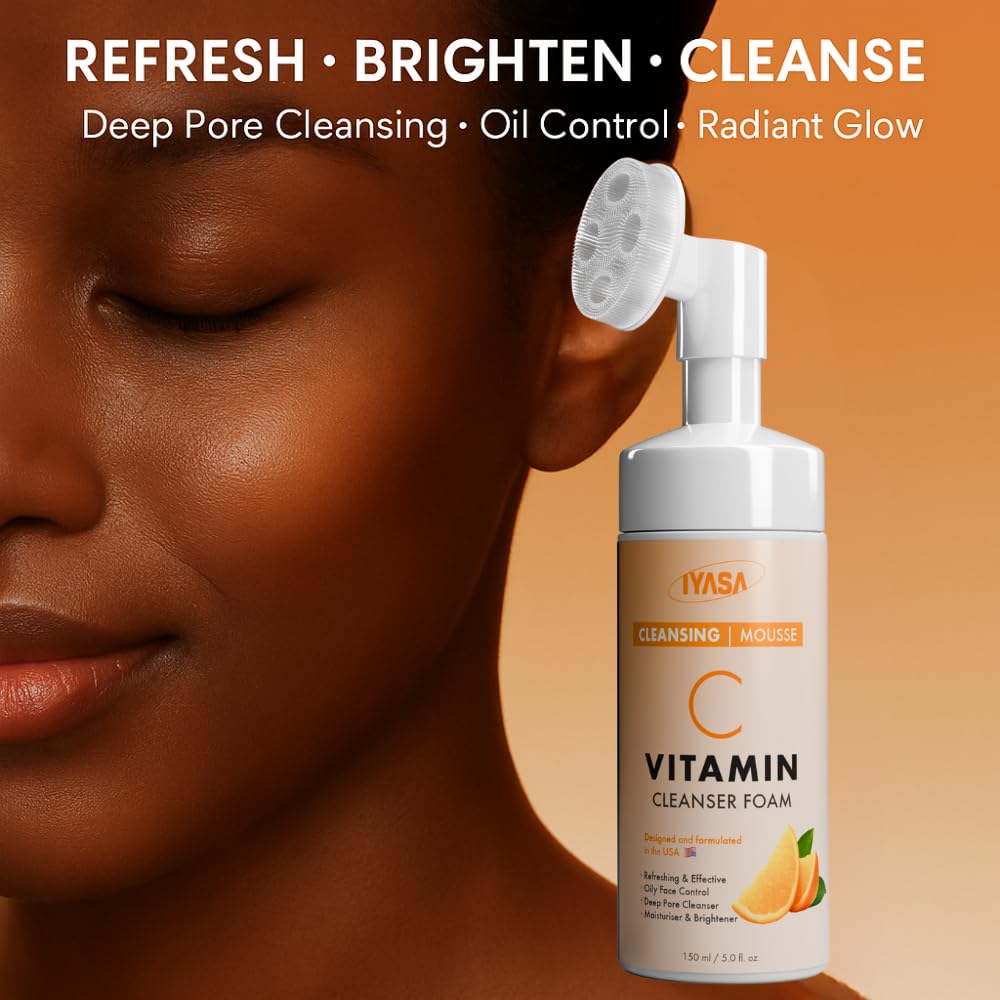IYASA Gentle Face Wash for Sensitive Skin – Foaming Facial Cleanser with Amino Acids, Vitamin C & Silicone Brush – Hydrating Daily Cleanser for Melanin-Rich Skin – Sulfate-Free, Paraben-Free – 5oz