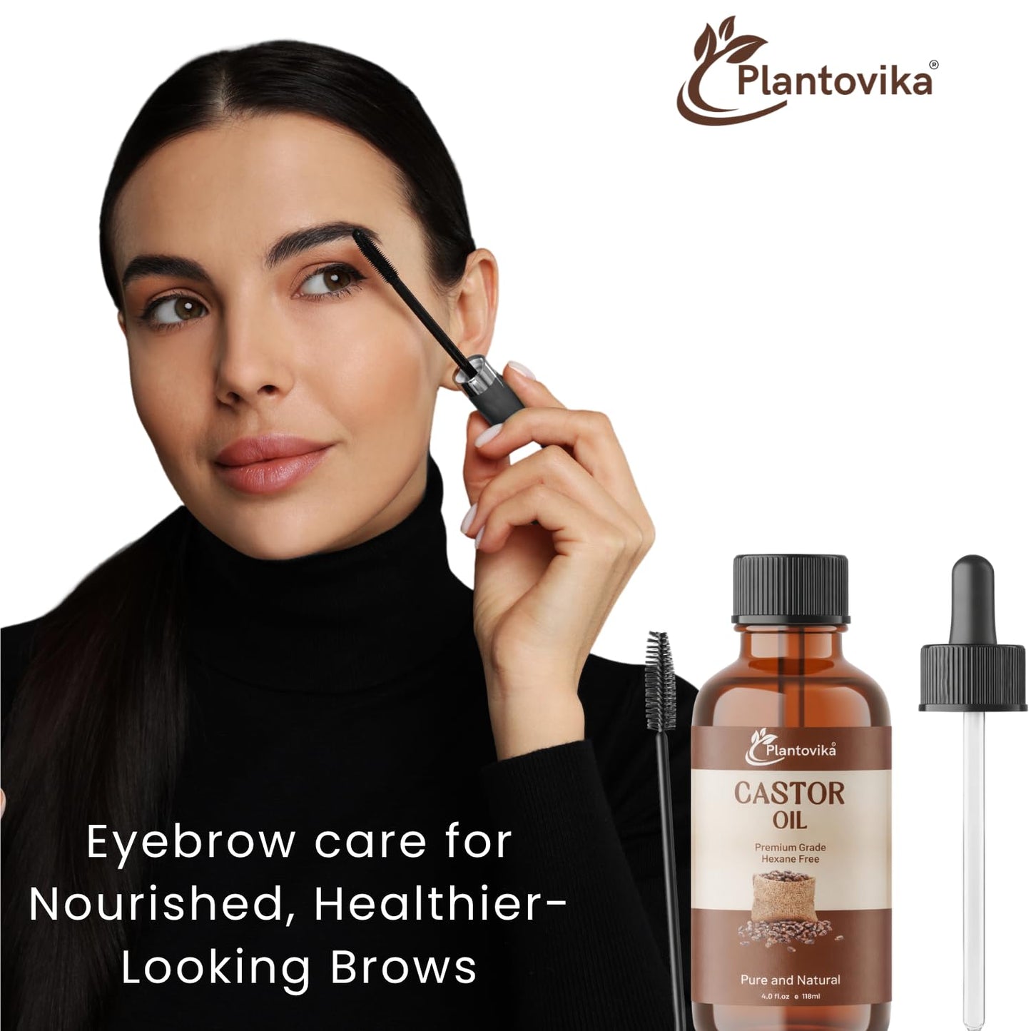 Plantovika Castor Oil for Hair, Eyelashes & Eyebrows – 100% Pure Cold-Pressed Castor Oil with Vitamin E, Moisturizing Oil for Hair, Scalp, Lashes & Skin (4 Fl Oz)