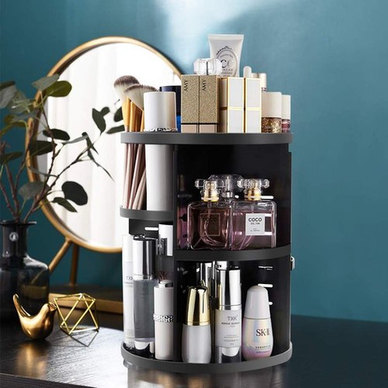 seinlife 360 Rotating Makeup Organizer,DIY Adjustable Spinning Holder,Foldable Cosmetic Storage Display box,Large Capacity Make up Caddy Shelf,Fits Countertop Vanity and Bathroom (BLACK)