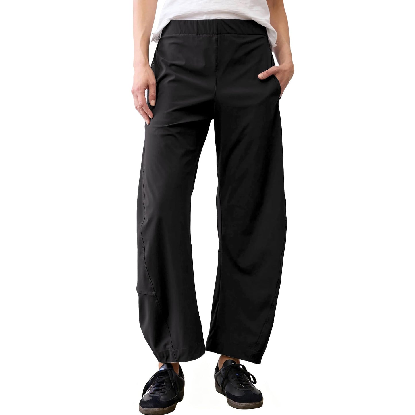 SeeLuNa Women Barrel Travel Pants Elastic Waistband Tapered Leg Baggy Mid Rise Work Trousers Lounge Pant with Pockets(Black, M)