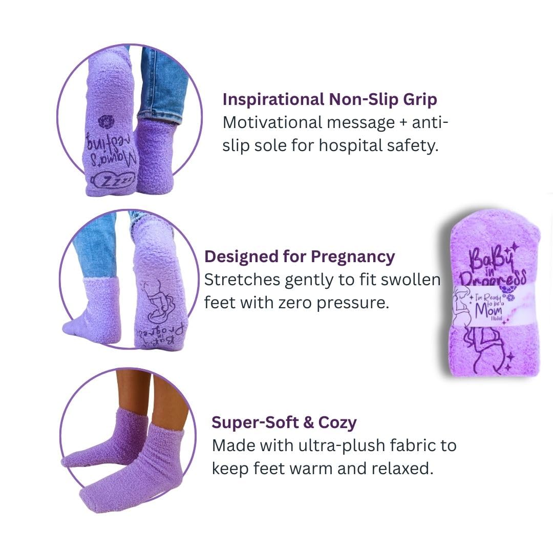 Eli & Val Mommy to Be Pregnancy Care Package – Soft Cotton Blend Maternity Sleep Mask with Elastic Closure and Fuzzy Socks Set, Purple