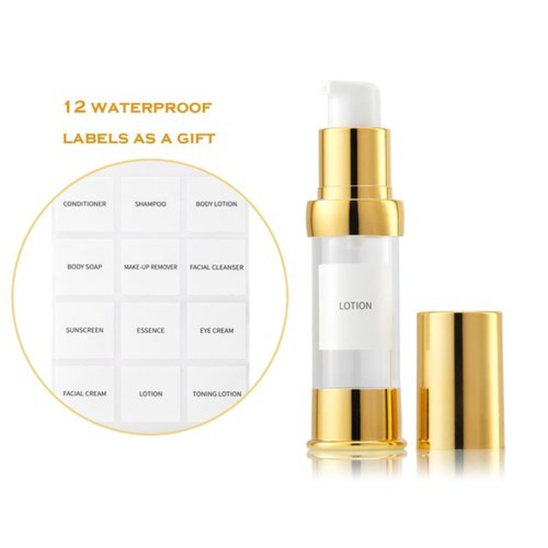 XQNCBY Gold Travel Pump Bottle for Toiletries Travel Size Airless Pump Bottles Travel Set Makeup Pump Dispenser with Box Refillable Empty Makeup Pump Bottle (0.5 oz/15 ml, 4 Packs)