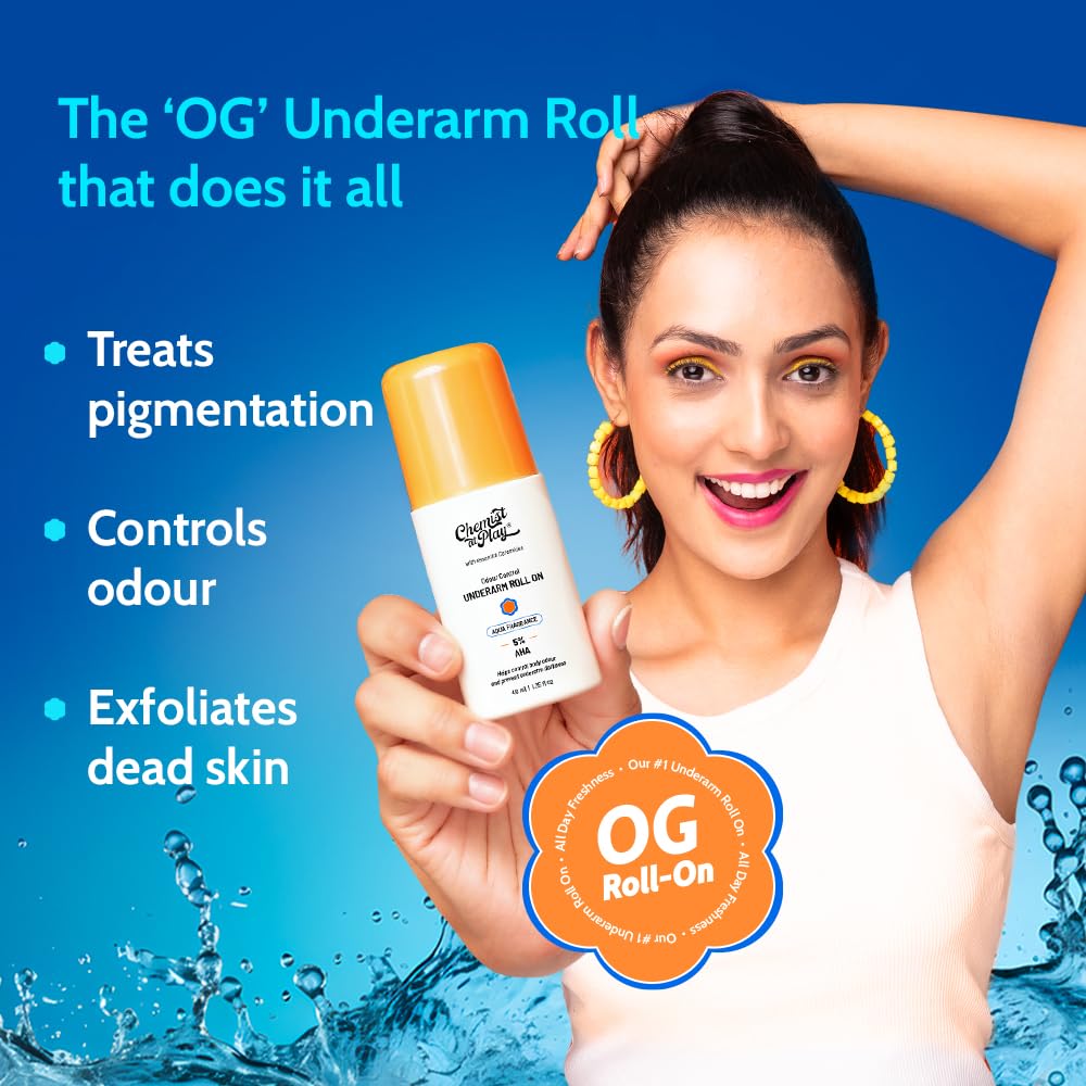 Chemist at Play UnderArm Roll-On with 5% AHA, Lactic Acid & 1% Mandelic Acid | Prevents Body Odour, Brightens Skin & Exfoliates Underarm | For Sensitive Skin | Aqua Fragrance | Alcohol Free 2.5 Fl oz