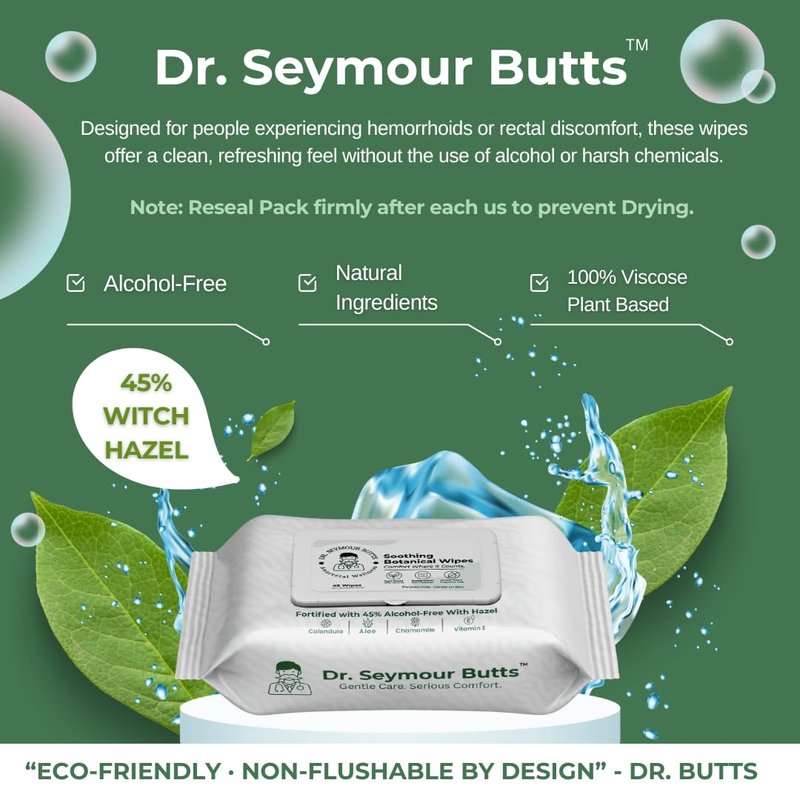 Dr. Seymour Butts Hemorrhoid Care Wipes – 45% Witch Hazel, Aloe Vera, Vitamin E & Calendula | Alcohol-Free Soothing Cleansing Wipes for Gentle Comfort and Hygiene – 45 Count
