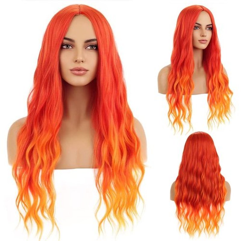 BERON Orange Wig Long Curly Wig Flame Color Wig Long Wavy Charming Full Synthetic Fire Wigs for Women Girls Long Curly Wigs Ombre Orange Wig with Wig Cap