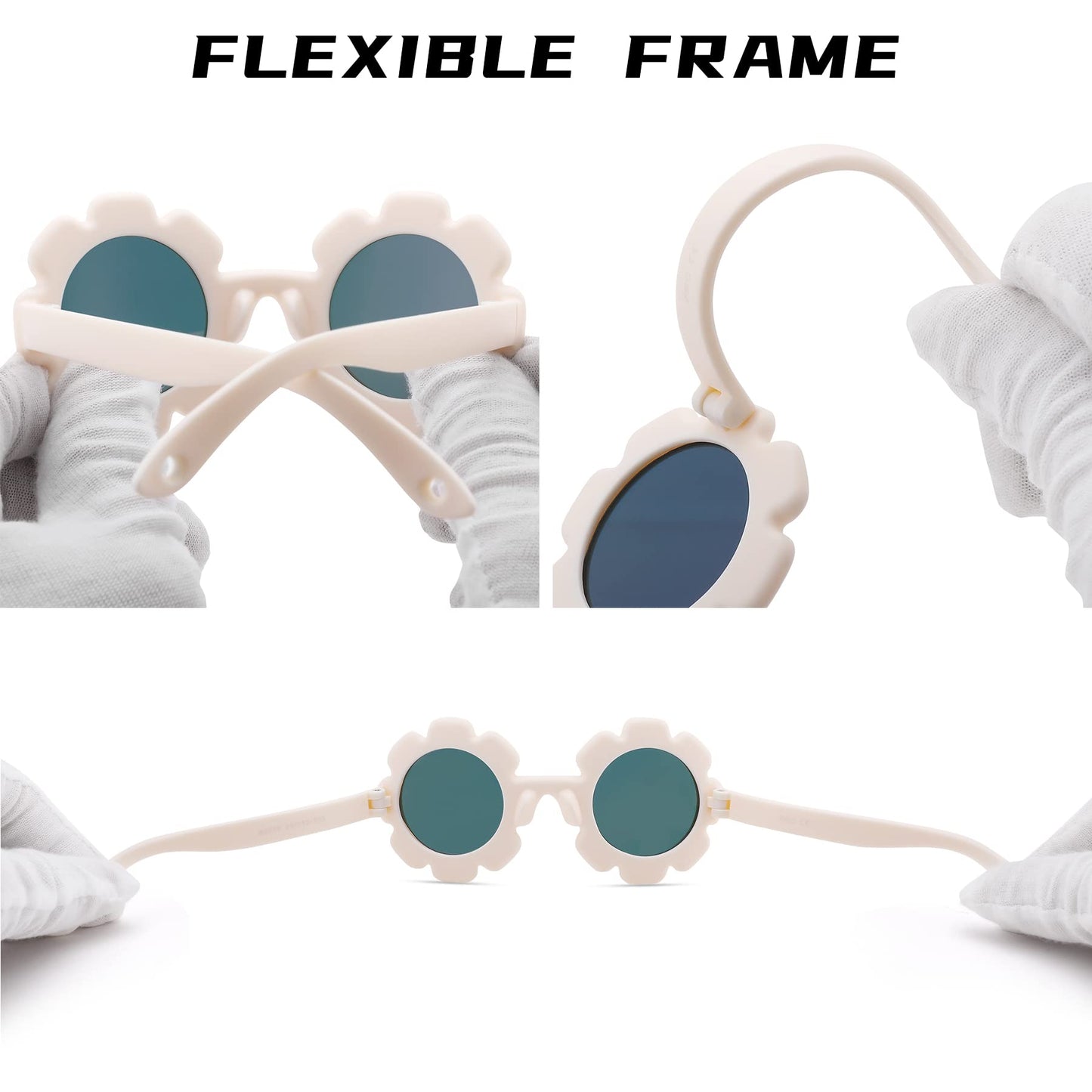 Bouryo Flexible Baby Polarized Flower Sunglasses with Strap Bendable Frame for Infant Boys Girls Ages 0-24 Months (B3 White/Purple Red Mirror + Pink/Pink Mirror)