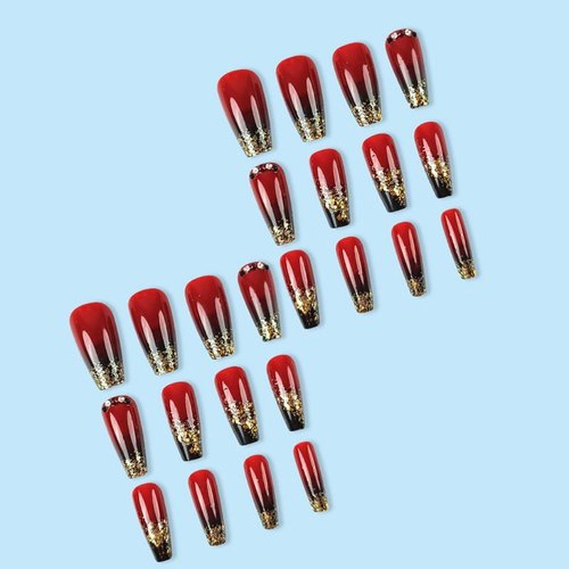 24pcs French Tip Press on Nails Medium Coffin Black Red Gradient Fake Nails with Rhinestones Design Glitter False Nails Glue on Nails Full Cover Glossy Artificial Nails for Women Nail Decor
