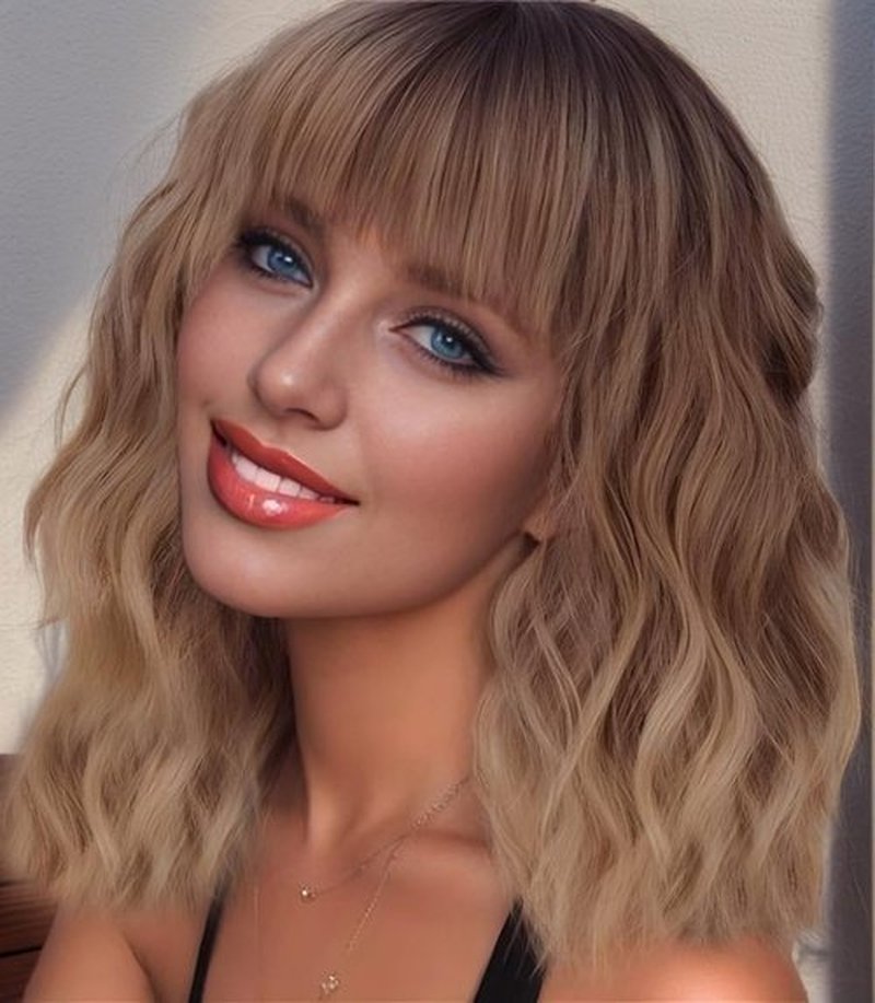 Short Blonde Wigs with Bangs 14Inch Ombre Blonde Highlights Curly Bob Wig for Women Shoulder Length Natural Looking Hair Replacement Wig for Daily Party Use Cosplay Costume Halloween Wig