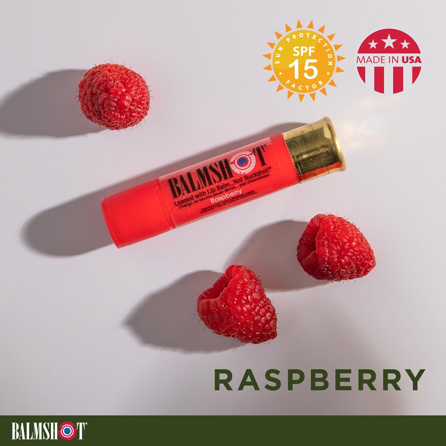 BALMSHOT Raspberry Lip Balm SPF 15 – Beeswax Chapstick for Dry Chapped Lips, 20-Gauge Brass Shotgun Shell Tube, Heat Resistant, Long Lasting Lip Moisturizer for Men & Women, Made in USA