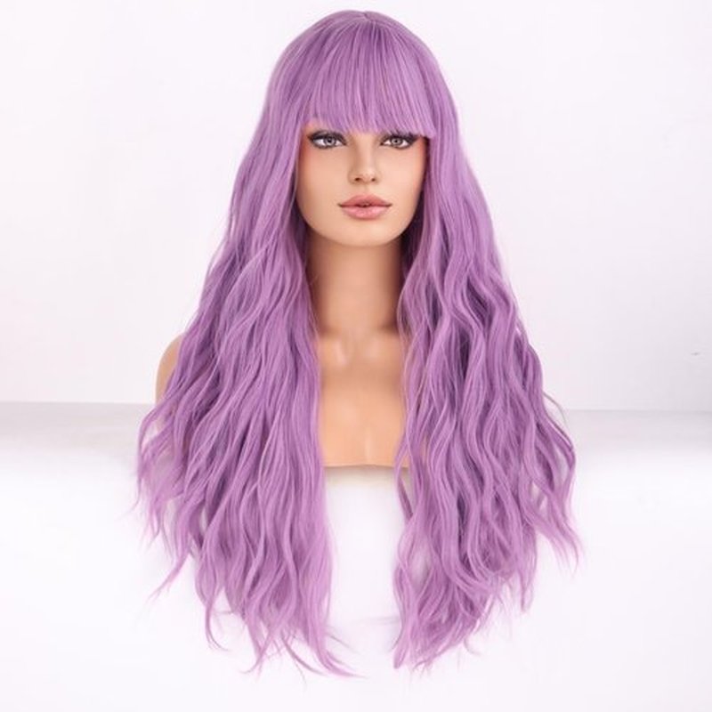 MAGQOO Purple Wig for Women Long Curly Wavy Lavender Wig with Bangs Synthetic Heat Resistant Fiber Halloween Cosplay Costume Daily Party Use