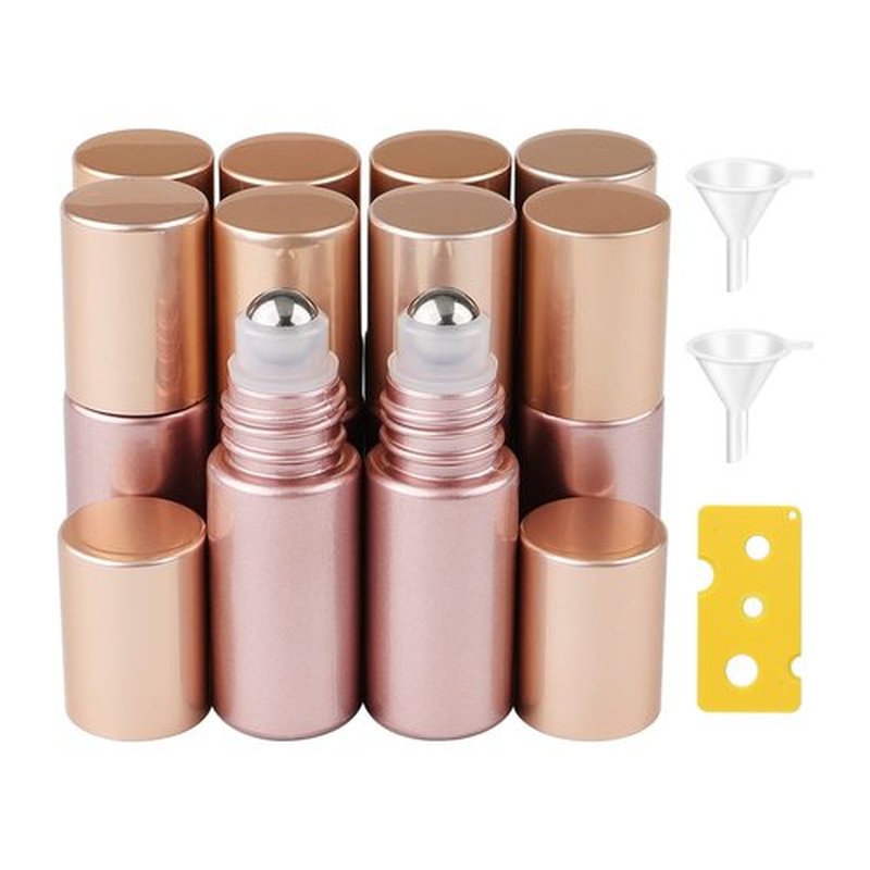 Newzoll 10 Pcs Roll-on Bottles Set, 5 ml (1/6 oz) Refillable Roller Bottles with Funnels & Opener, Glass Roll on Bottles Containers for Perfumes Aromatherapy Essential Oils Liquid, Matte Rose Gold
