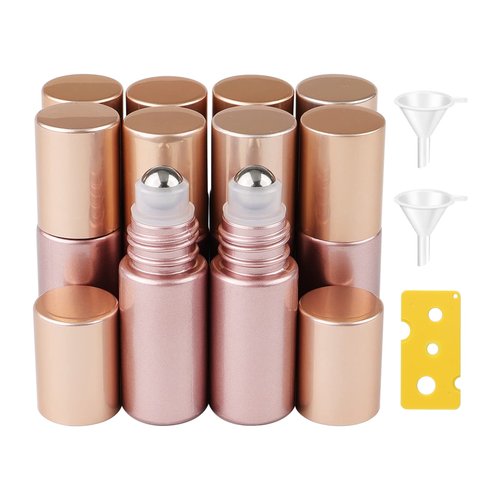 Newzoll 10 Pcs Roll-on Bottles Set, 5 ml (1/6 oz) Refillable Roller Bottles with Funnels & Opener, Glass Roll on Bottles Containers for Perfumes Aromatherapy Essential Oils Liquid, Matte Rose Gold