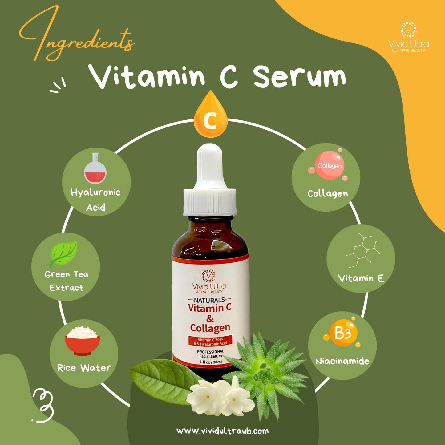 Vivid Ultra Vitamin C Serum for Face – Anti-Aging Serum with Hyaluronic Acid, Collagen & Vitamin E – Brightening Dark Spots, Firming Skin, Reducing Wrinkles & Acne Scars – 1 Fl Oz