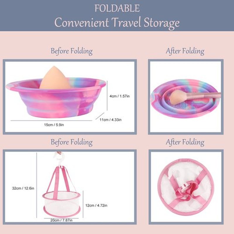 Makeup Brush Cleaning Mat & Hanging Drying Net, Foldable Silicone Makeup Brush Cleaner Brush Cleaning Pad cleaning bowl with Mesh Drying Rack Basket to dry Makeup Sponge, powder puff, brush (Colorful)