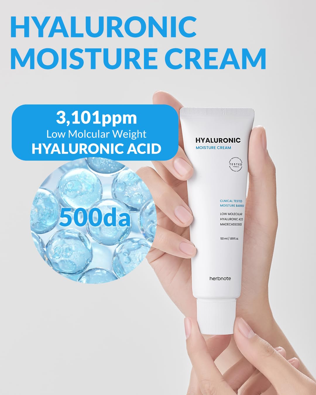 herbnote Low Molecular Hyaluronic Acid Moisture Cream - Gentle & Soothing Skin Protection with Barrier Care, Madecassoside, Centella Asiatica Extract for Sensitive & Damaged Skin, 1.69 oz.