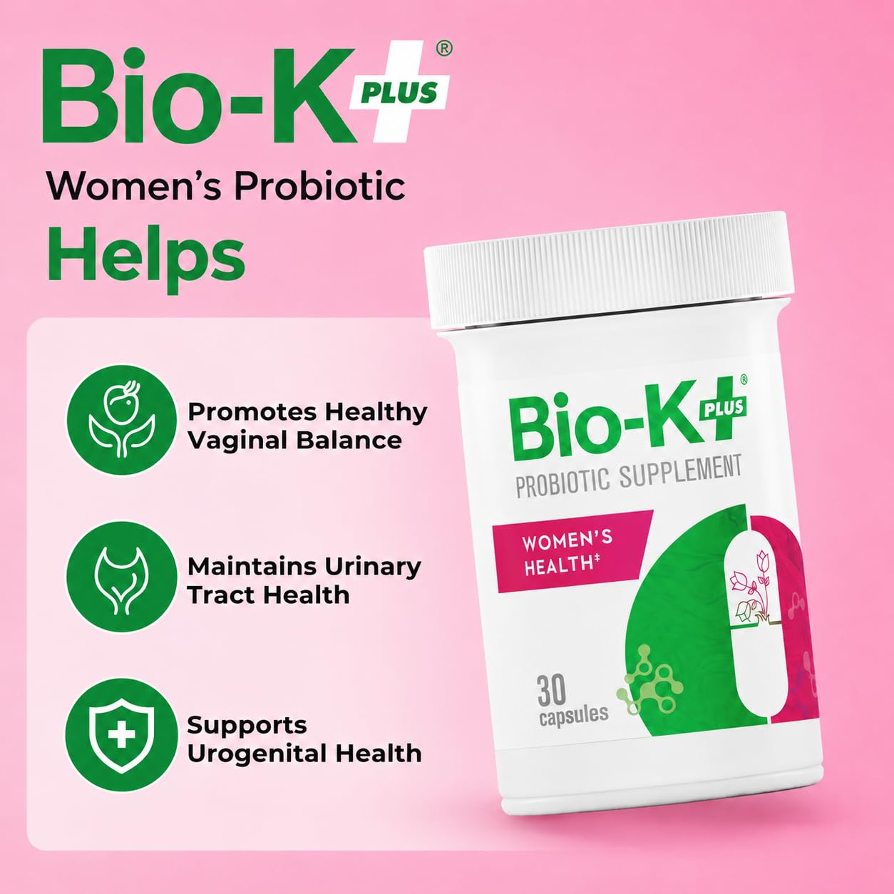 Bio-K+ Probiotic for Women support for Vaginal & Urinary Tract Health, Probiotic Supplement with 2 Billion CFU 2 Strains, Vegan, Shelf-Stable – 30 Capsules