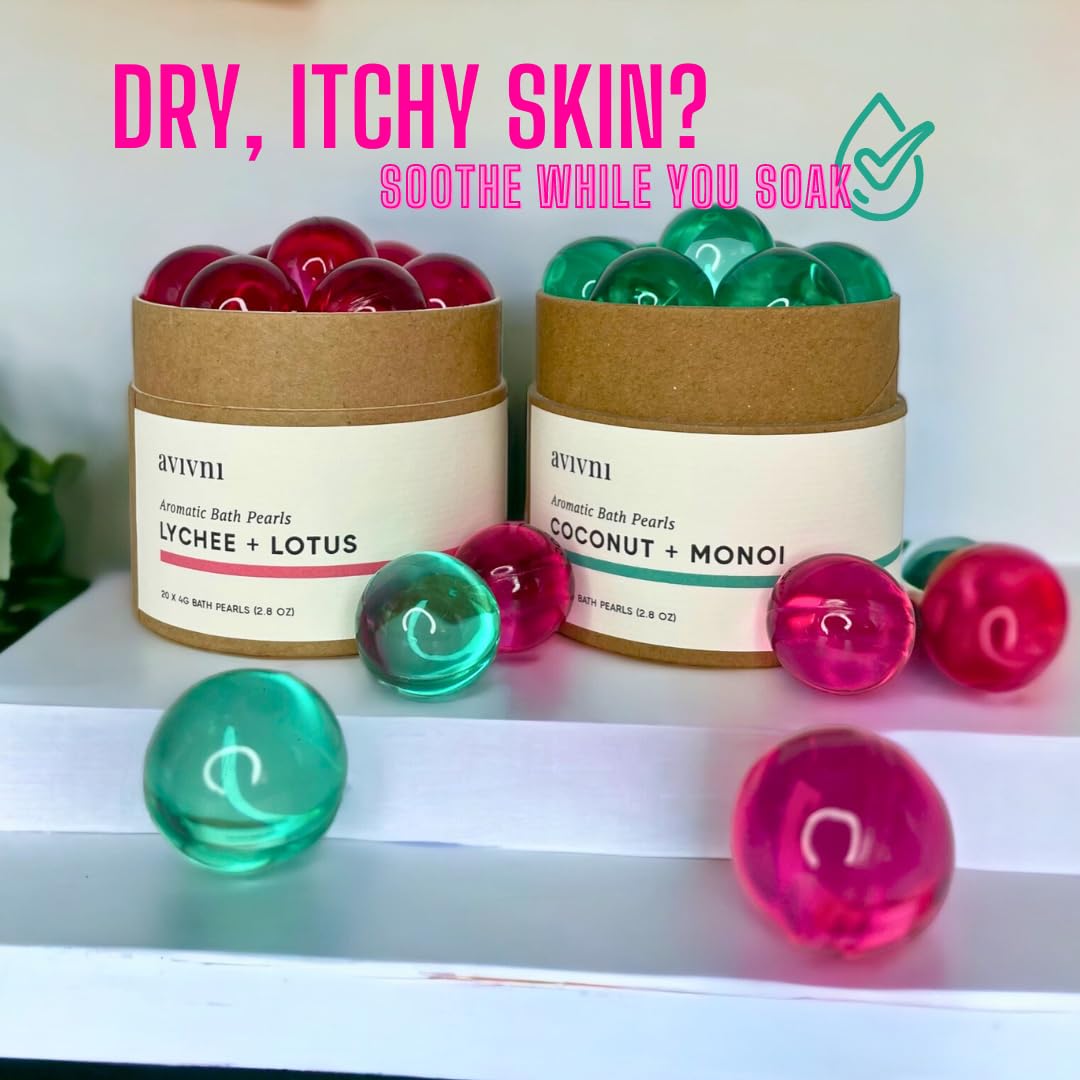 Avivni Bath Oil Beads- Lychee Lotus & Coconut Monoi Bath Pearls (2 Pack Variety- 15 Pearls Each), Mothers Day Gift Idea
