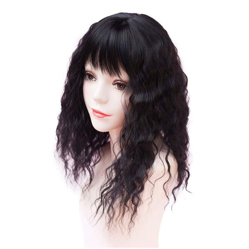 RemeeHi Clip on Curly Wavy Synthetic Top Wiglet Hairpieces for Thinning Loss Hair， Topper Hairpieces with Bangs for Women Natural Black 18 inch(Thin)