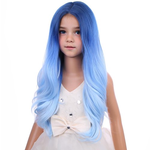 PATTNIUM Kids Long Blue Wig Child Ombre Blue Wig Girls Long Curly Wavy Blue Wig Heat Resistant Synthetic Hair Wigs