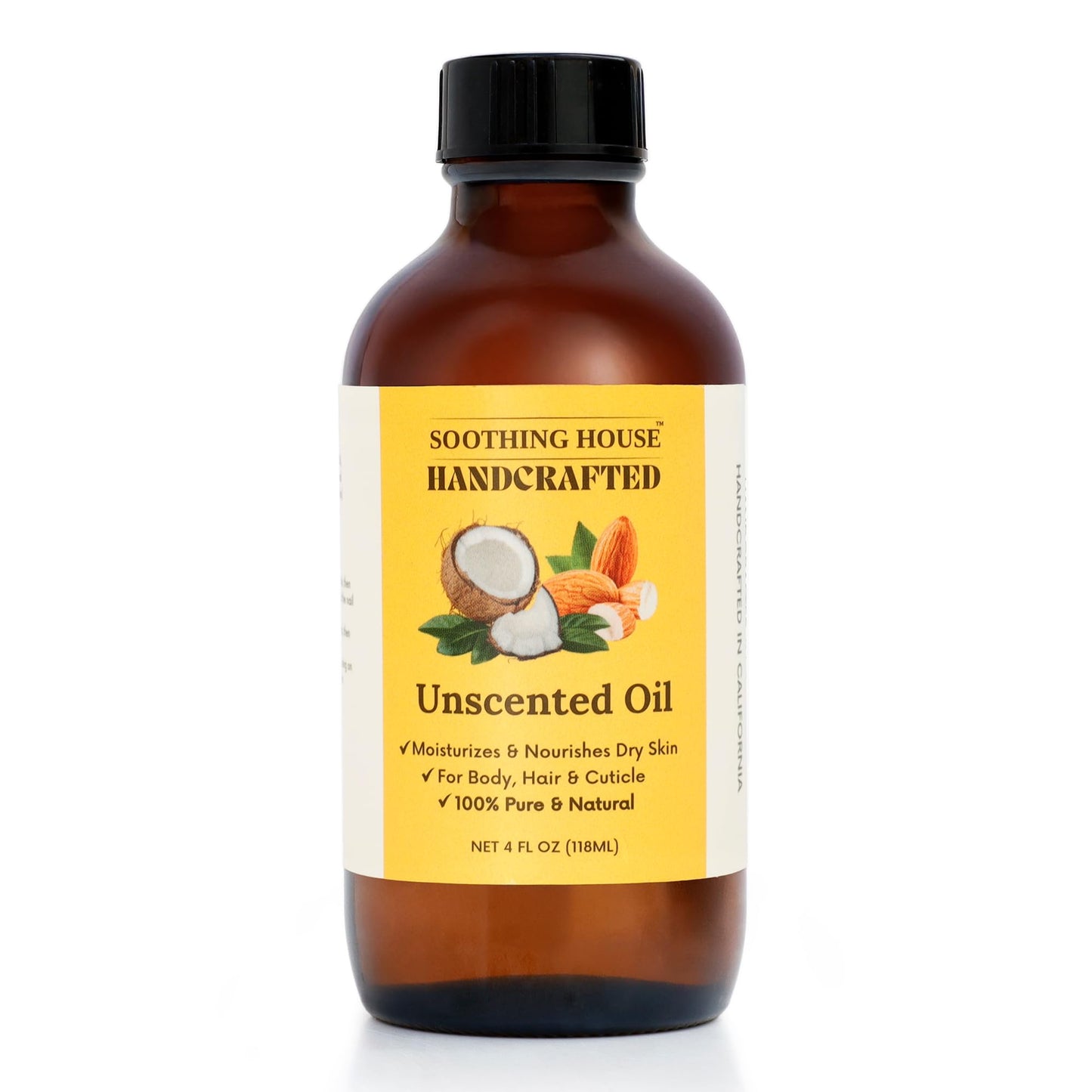 Soothing House Almond Coconut Unscented Moisturizing Body Oil with Fractionated Coconut Oil, Vitamin E, Radiant Looking Glow and Skin Hydration, Instant Absorption, Body, After-Shower oil, 4 Ounces